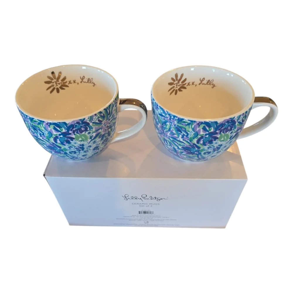 Lilly Pulitzer NIB Set of 2 Coffee Cup Gold Handle 12 oz Blue High Maintenance
